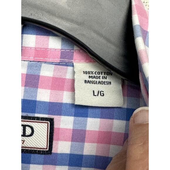 IZOD Mens Sz L Short Sleeve Button Down Shirt Blue Pink White Plaid 100% Cotton - Picture 5 of 11